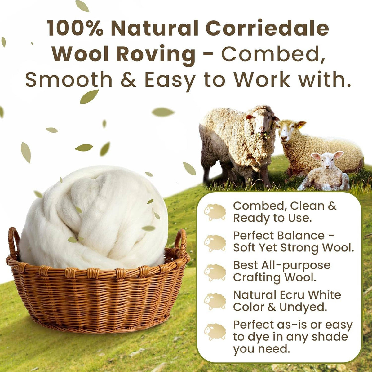 Corriedale Wool Roving Top, Natural Ecru White, 8 ounces