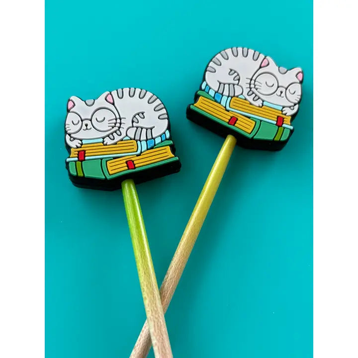 Knitting Needle Point Protectors Cat On Green Books Glasses