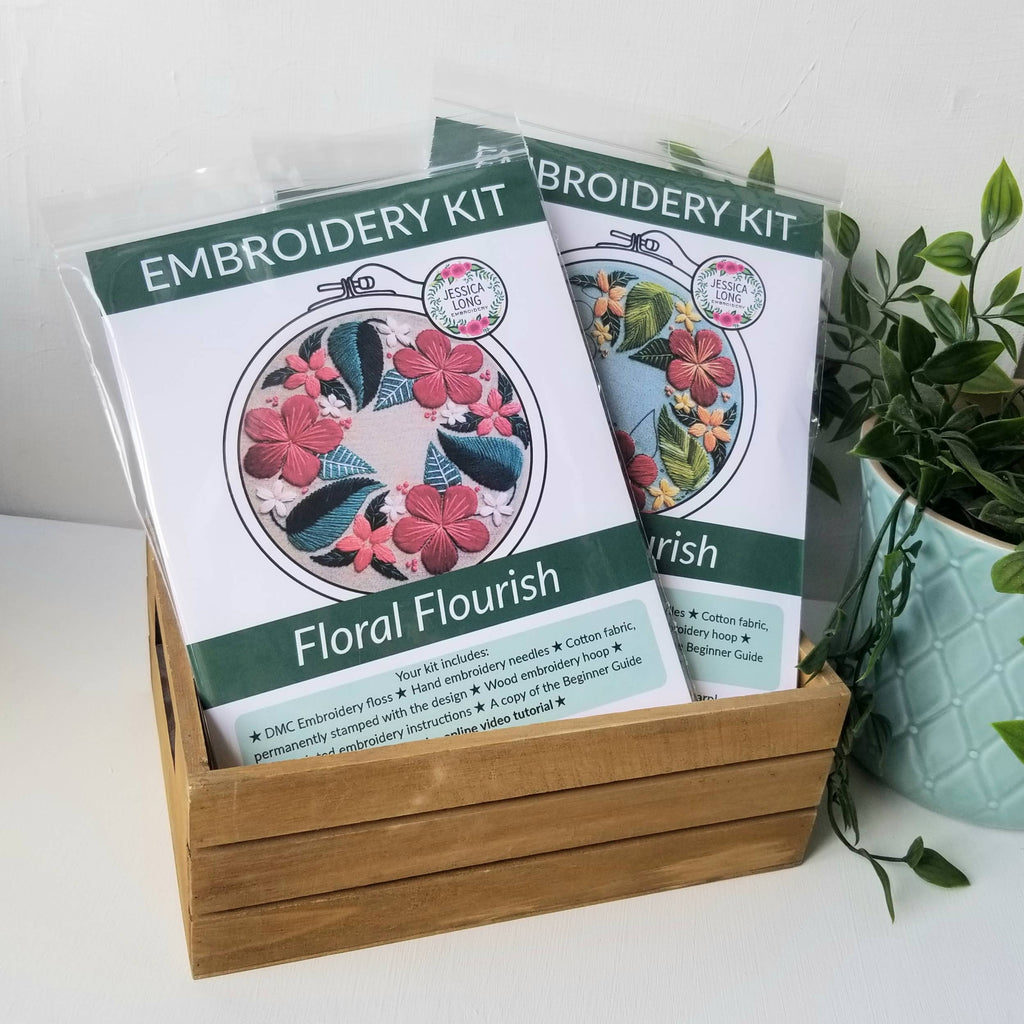 Floral Flourish Beginner Embroidery Kit: Light taupe fabric