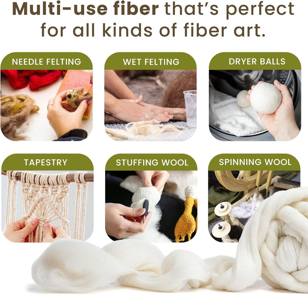 Corriedale Wool Roving Top, Natural Ecru White, 8 ounces