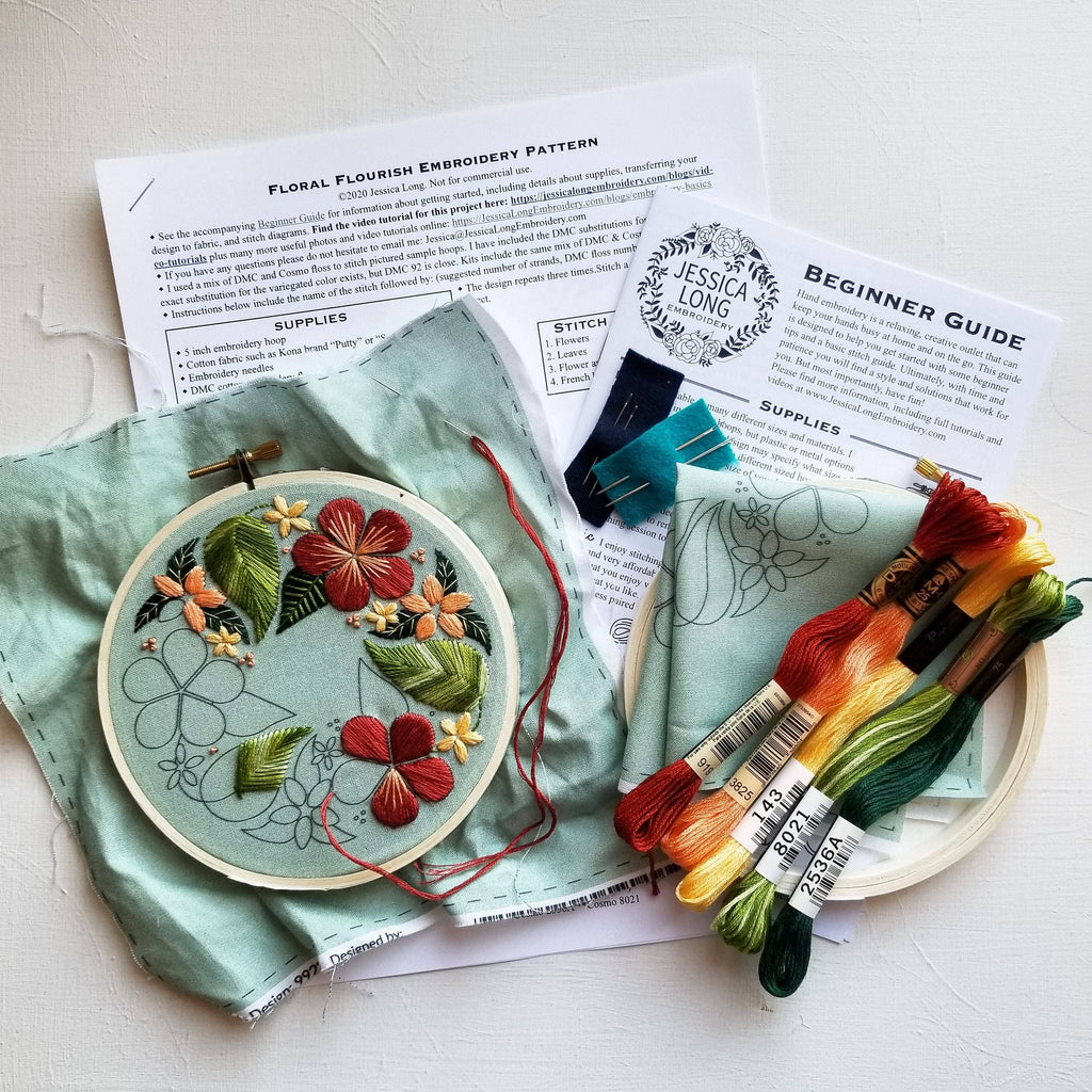 Floral Flourish Beginner Embroidery Kit: Light taupe fabric