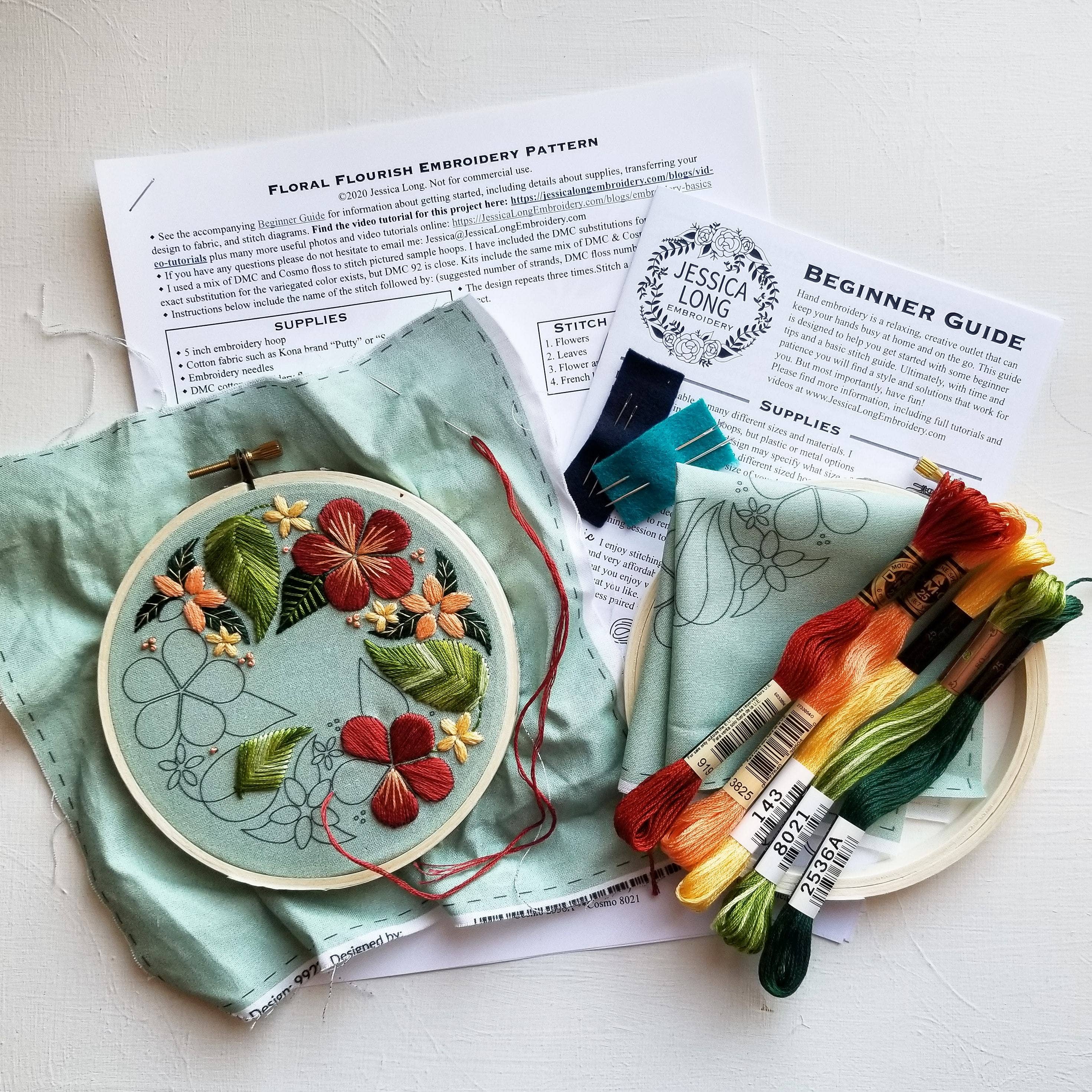 Floral Flourish Beginner Embroidery Kit: Light taupe fabric