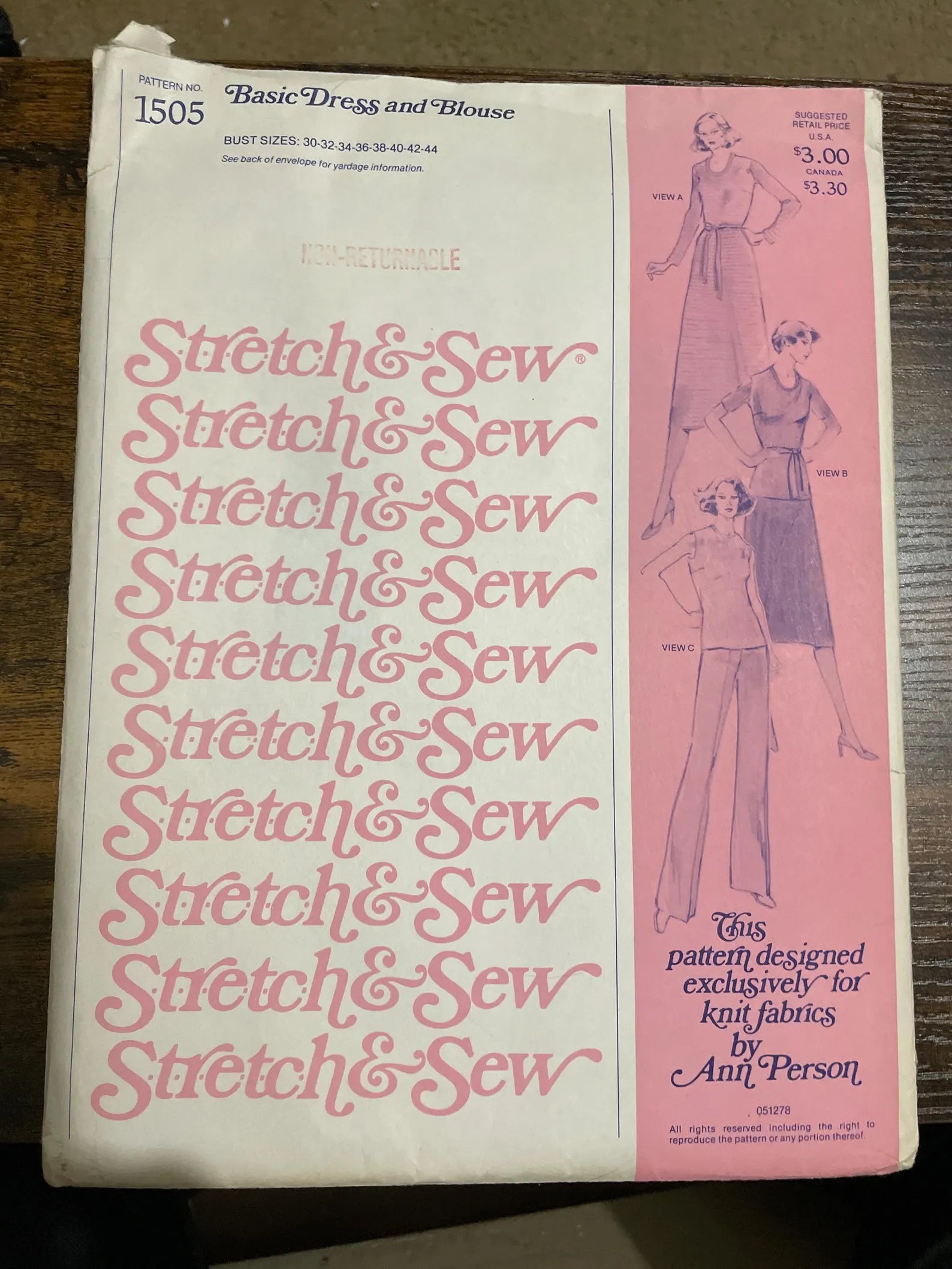 Stretch & Sew Pattern # 1505 Womens size Basic Dress and Blouse