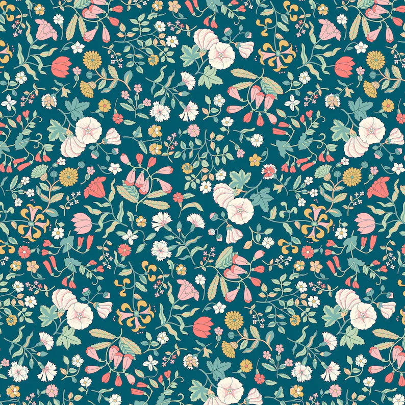 Liberty London -Cotton Fabric- Wildflower Field (Teal and Pink)